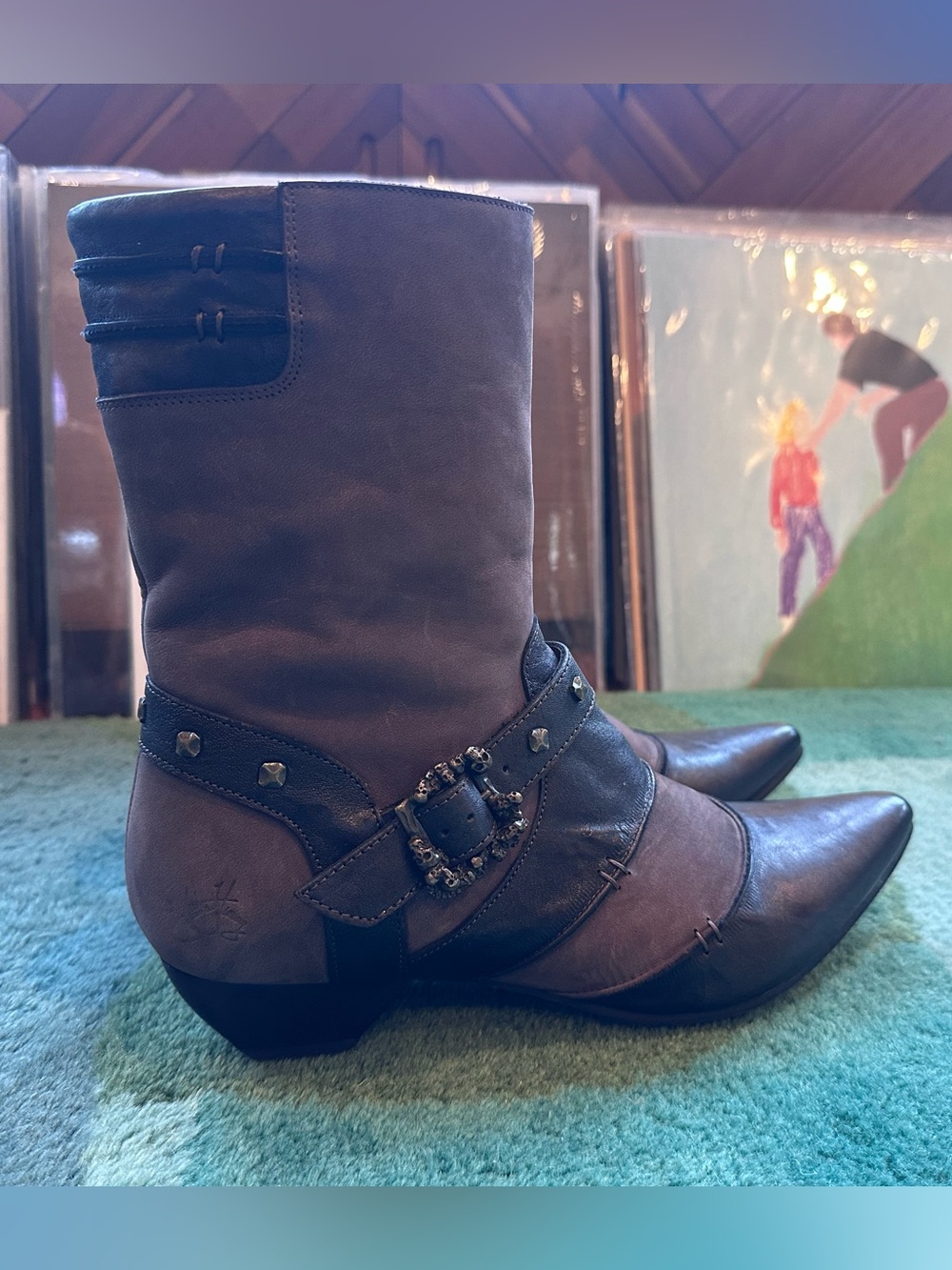 Fluevog LIKE NEW Truth Spencer chocolate brown skull buckle mid-calf boot - 7 - Picture 3 of 16